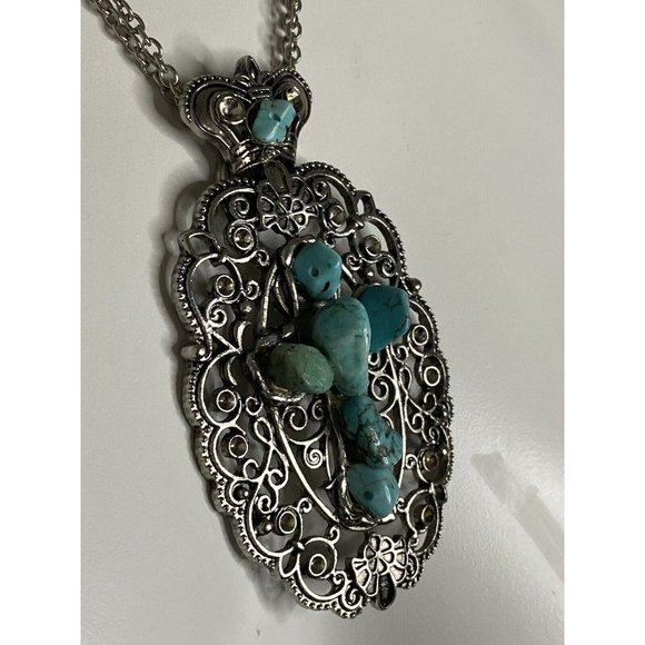 Silvertone Large Oval Cross Shaped Faux Turquoise Stone 16” Necklace Pendant Box - Picture 12 of 16
